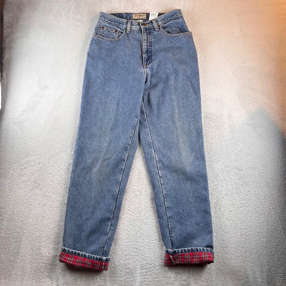 LL Bean Relaxed Fit Flannel Lined Jeans Womens 10 M/T Blue Plaid High Rise Denim